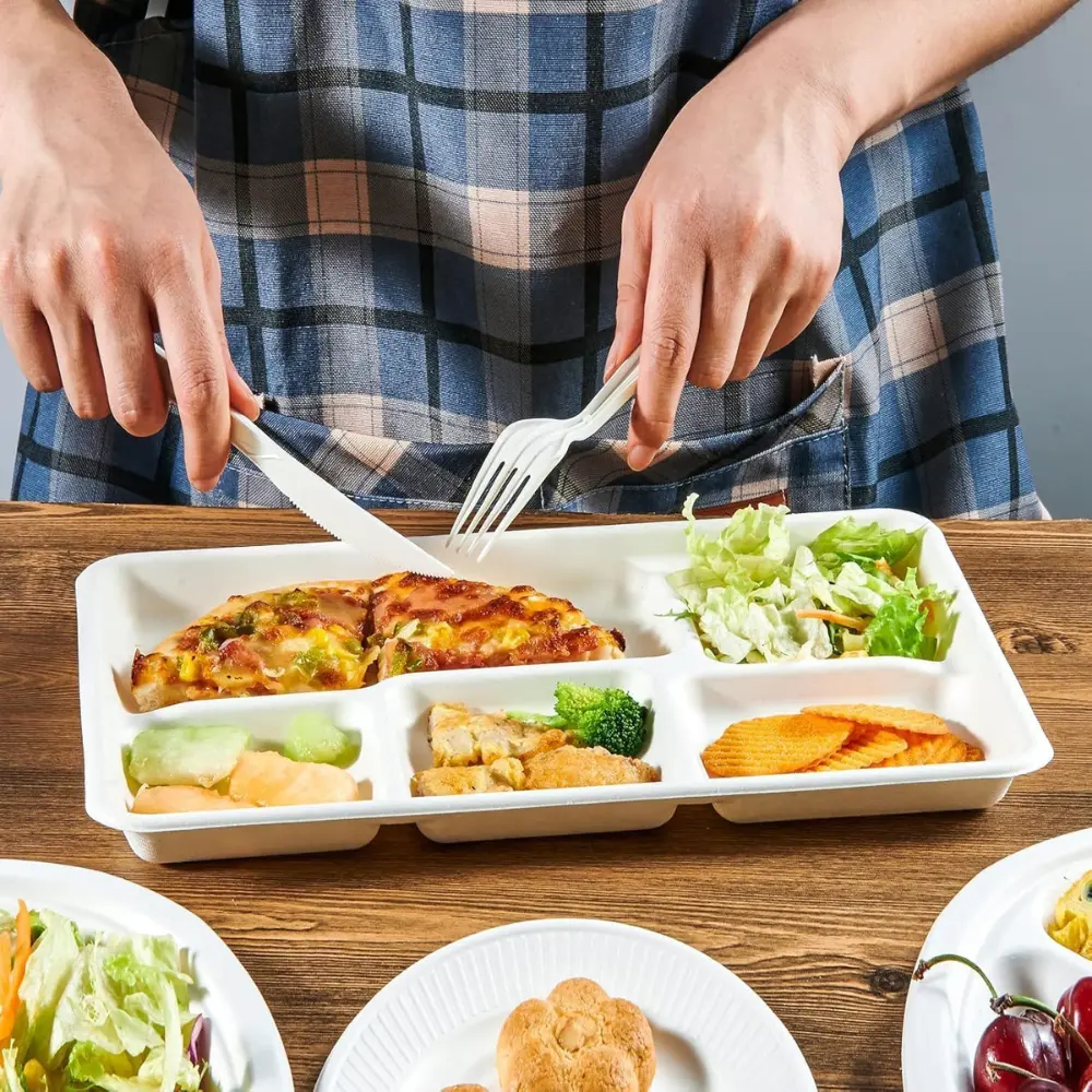 5 Compartment Bagasse Tray – 11x9 Inch Meal Tray | Ask Packaging