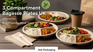 3 compartment bagasse plates filled with rice, curry, and vegetables on a wooden table with eco-friendly cutlery, napkins, and kraft cup – Ask Packaging UK