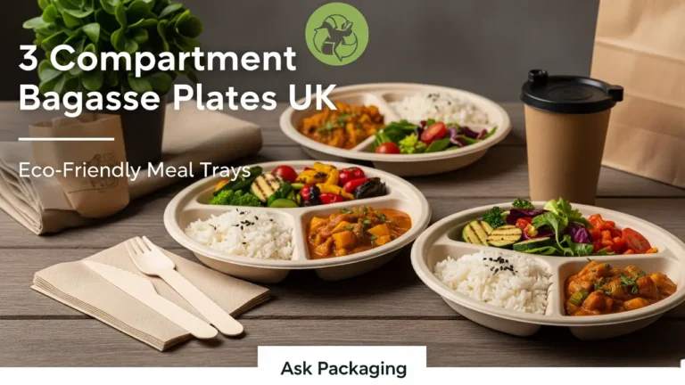 3 Compartment Bagasse Plates UK – Eco-Friendly Meal Trays 3 compartment bagasse plates filled with rice, curry, and vegetables on a wooden table with eco-friendly cutlery, napkins, and kraft cup – Ask Packaging UK